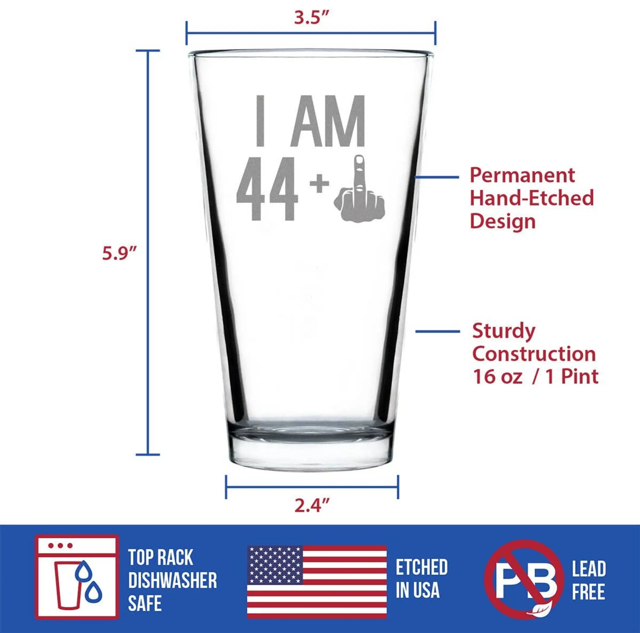 45th Birthday Gifts - 44 Middle Finger Pint Glass for Beer Bevvee