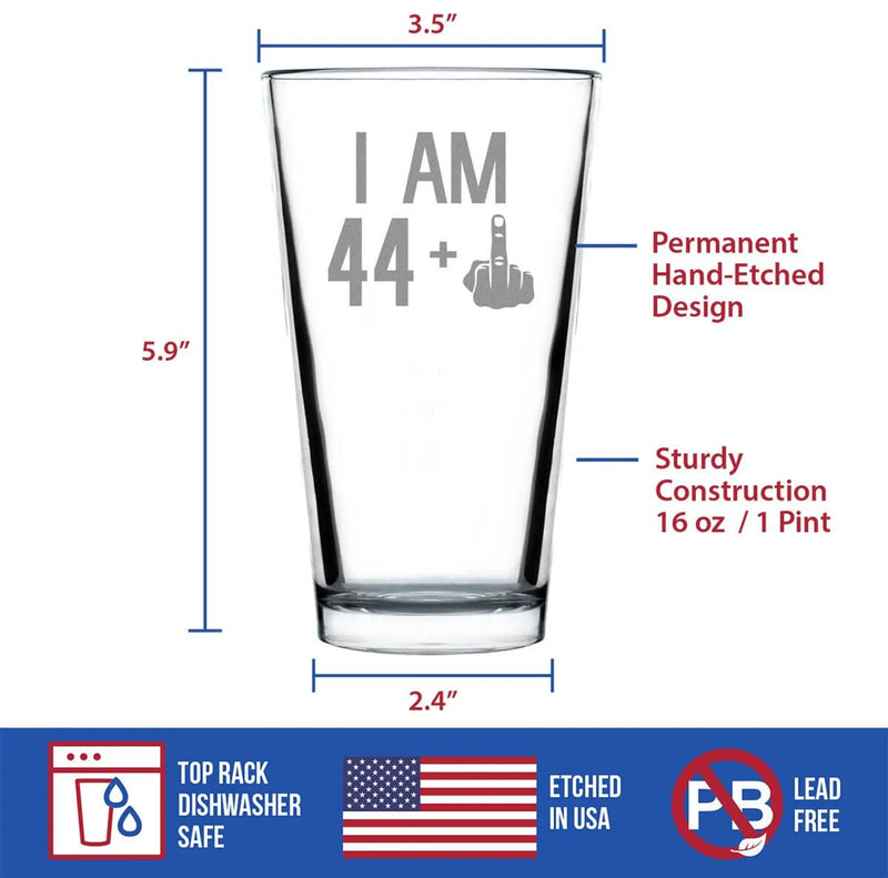 45th Birthday Gifts - 44 Middle Finger Pint Glass for Beer Bevvee