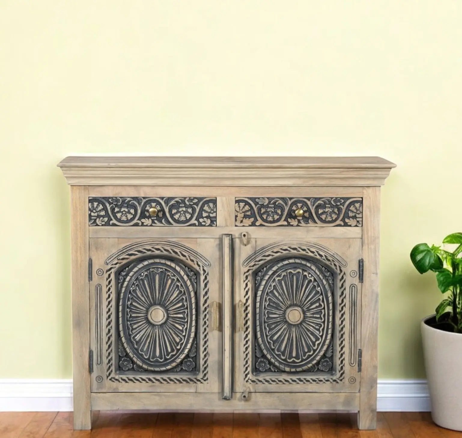 46" Black Distressed Solid Wood Carved Scrollwork Two Drawer Sideboard with Two Doors Homeroots Kitchen & Dining