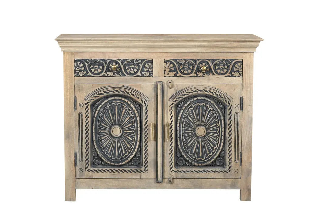 46" Black Distressed Solid Wood Carved Scrollwork Two Drawer Sideboard with Two Doors Homeroots Kitchen & Dining