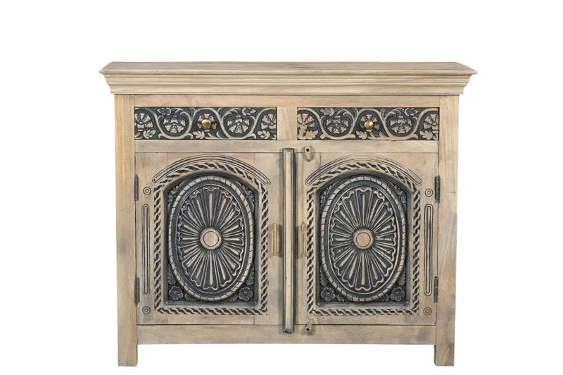 46" Black Distressed Solid Wood Carved Scrollwork Two Drawer Sideboard with Two Doors Homeroots Kitchen & Dining
