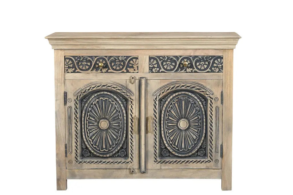 46" Black Distressed Solid Wood Carved Scrollwork Two Drawer Sideboard with Two Doors Homeroots Kitchen & Dining