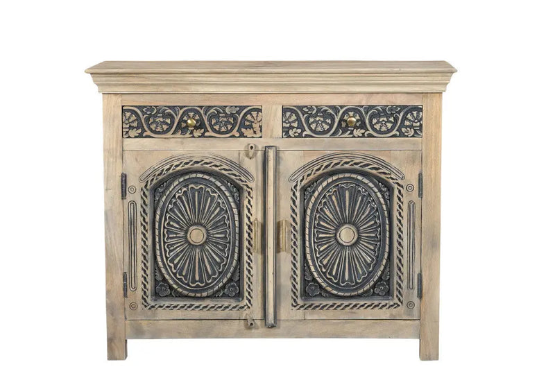 46" Black Distressed Solid Wood Carved Scrollwork Two Drawer Sideboard with Two Doors Homeroots Kitchen & Dining