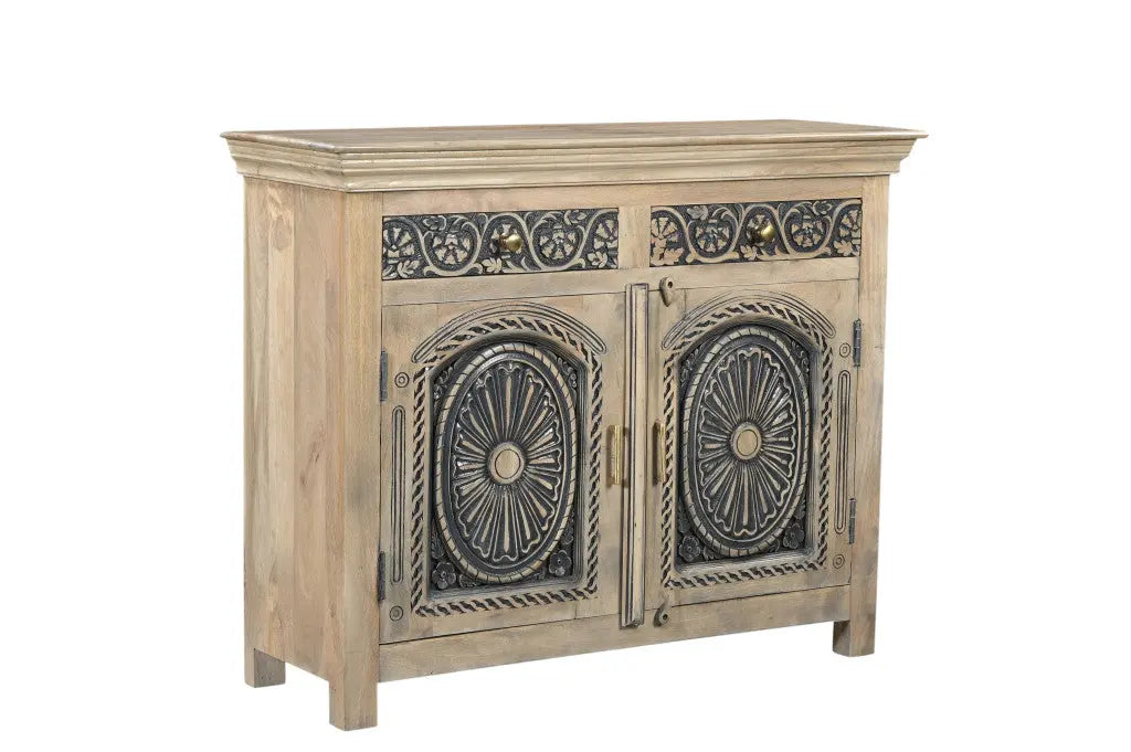 46" Black Distressed Solid Wood Carved Scrollwork Two Drawer Sideboard with Two Doors Homeroots Kitchen & Dining
