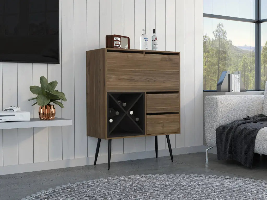 46" Dark Brown and Black Wood Console Bar Cabinet With Single Door And Two Drawers - GreatEagleInc