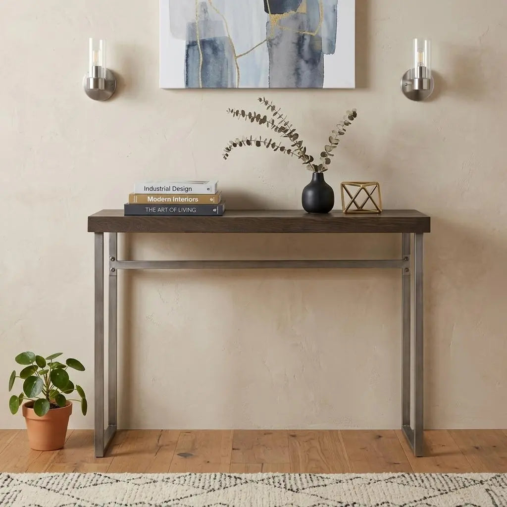 46" Gray Brown and Silver Wood and Metal Distressed Sled Console Table Homeroots Living Room