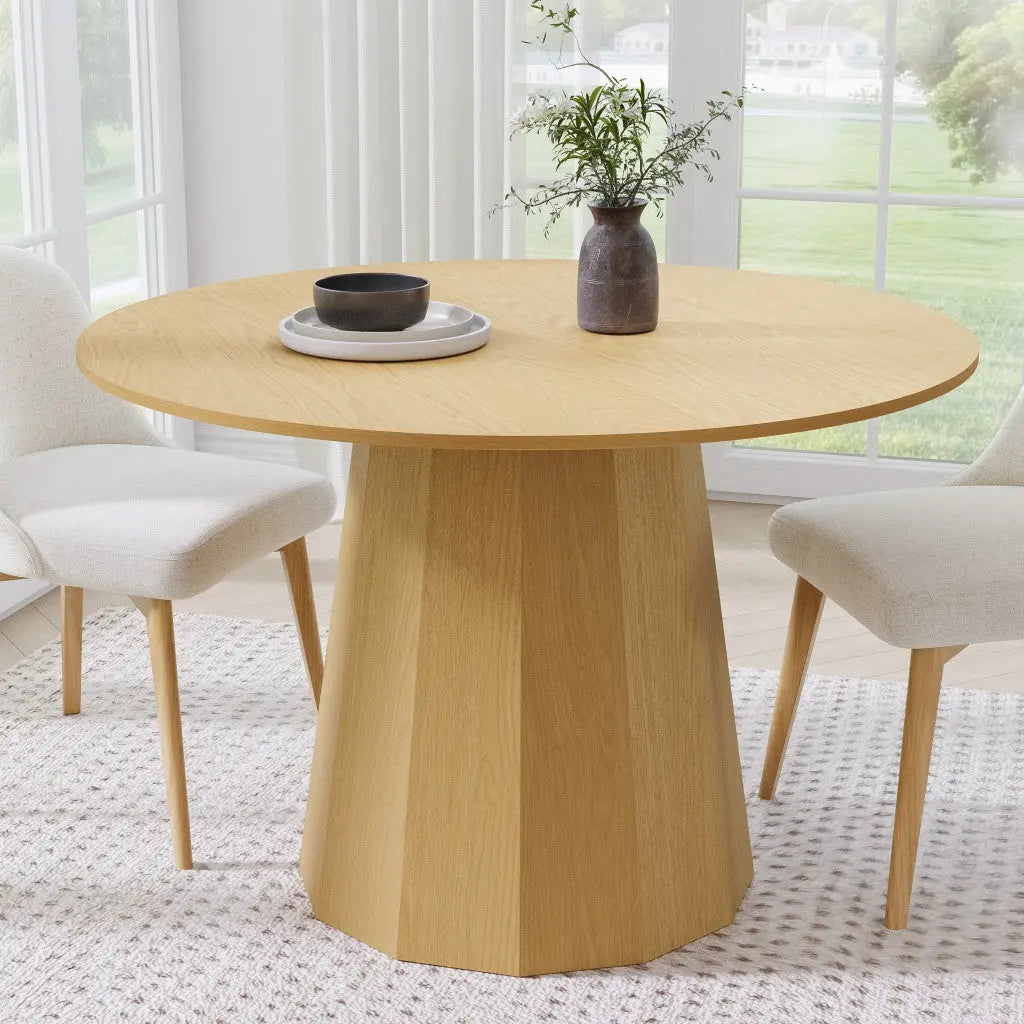 46" Oak Wood Pedestal Base Straight Edge Round Top Dining Table Homeroots Kitchen & Dining