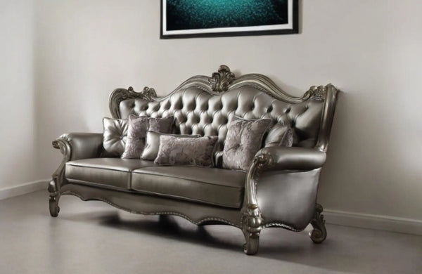 46" Platinum Faux Leather Curved Sofa And Toss Pillows Homeroots Living Room
