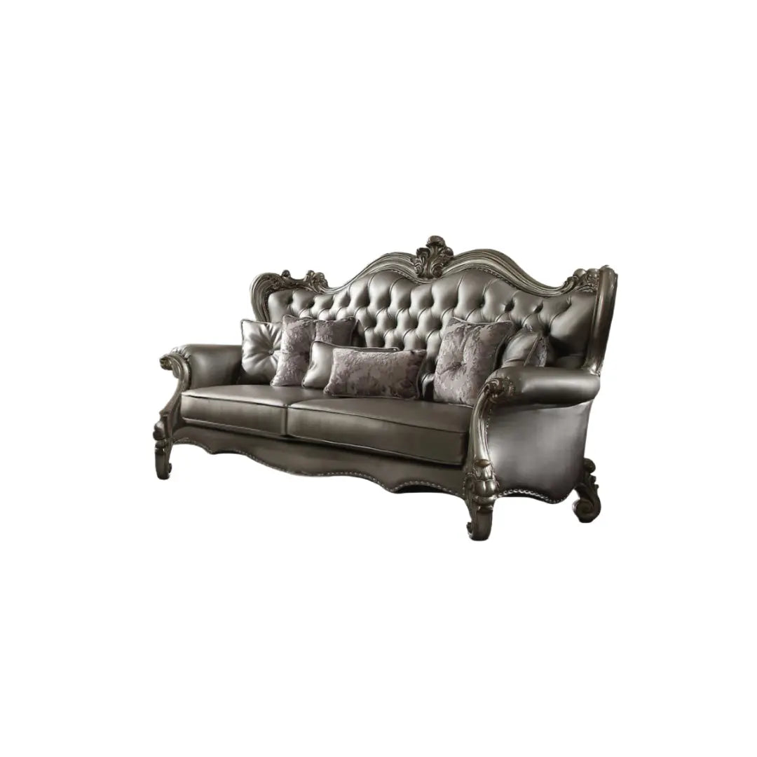 46" Platinum Faux Leather Curved Sofa And Toss Pillows Homeroots Living Room