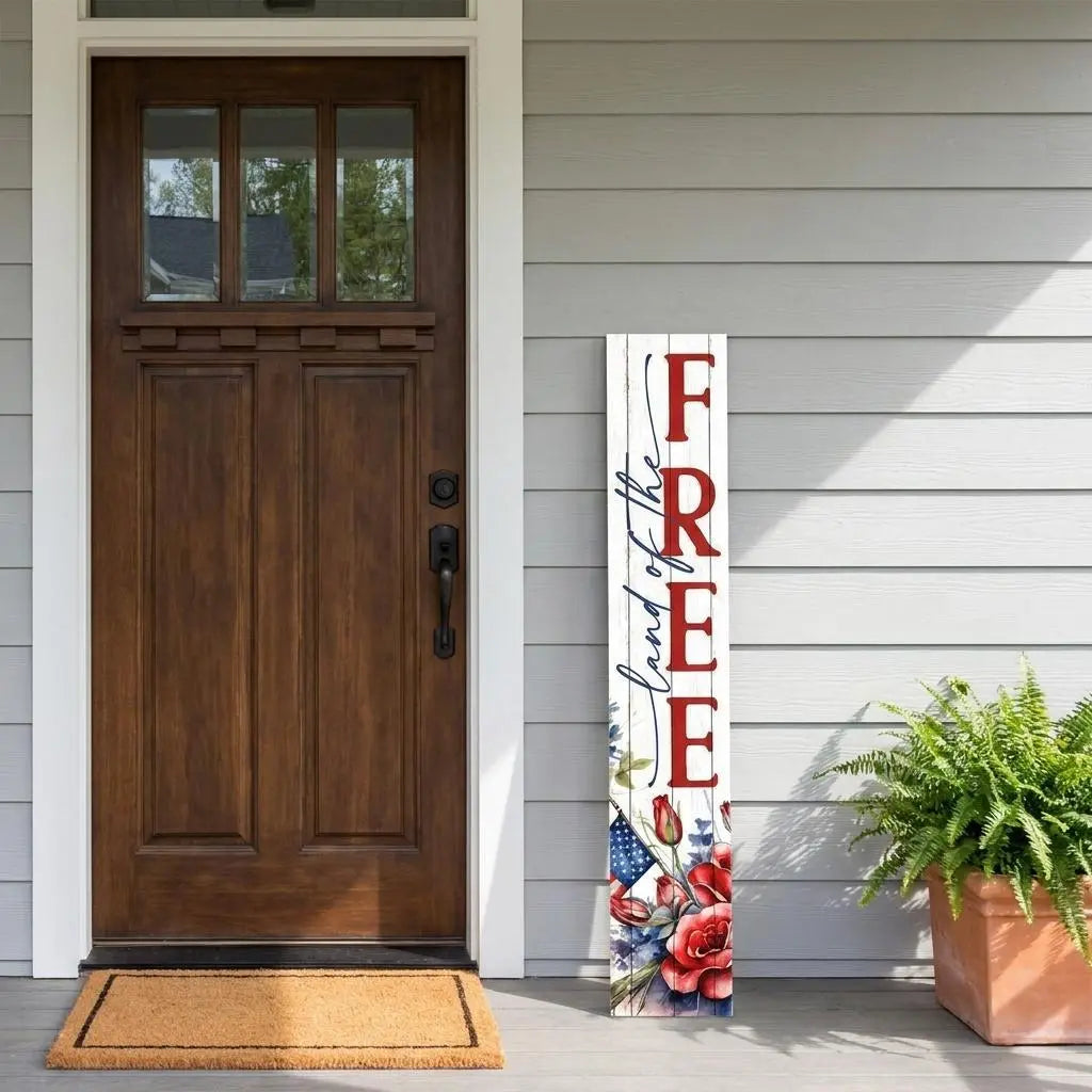 46" Red White And Blue Solid Wood Land of the Free Porch Sign Homeroots Outdoor
