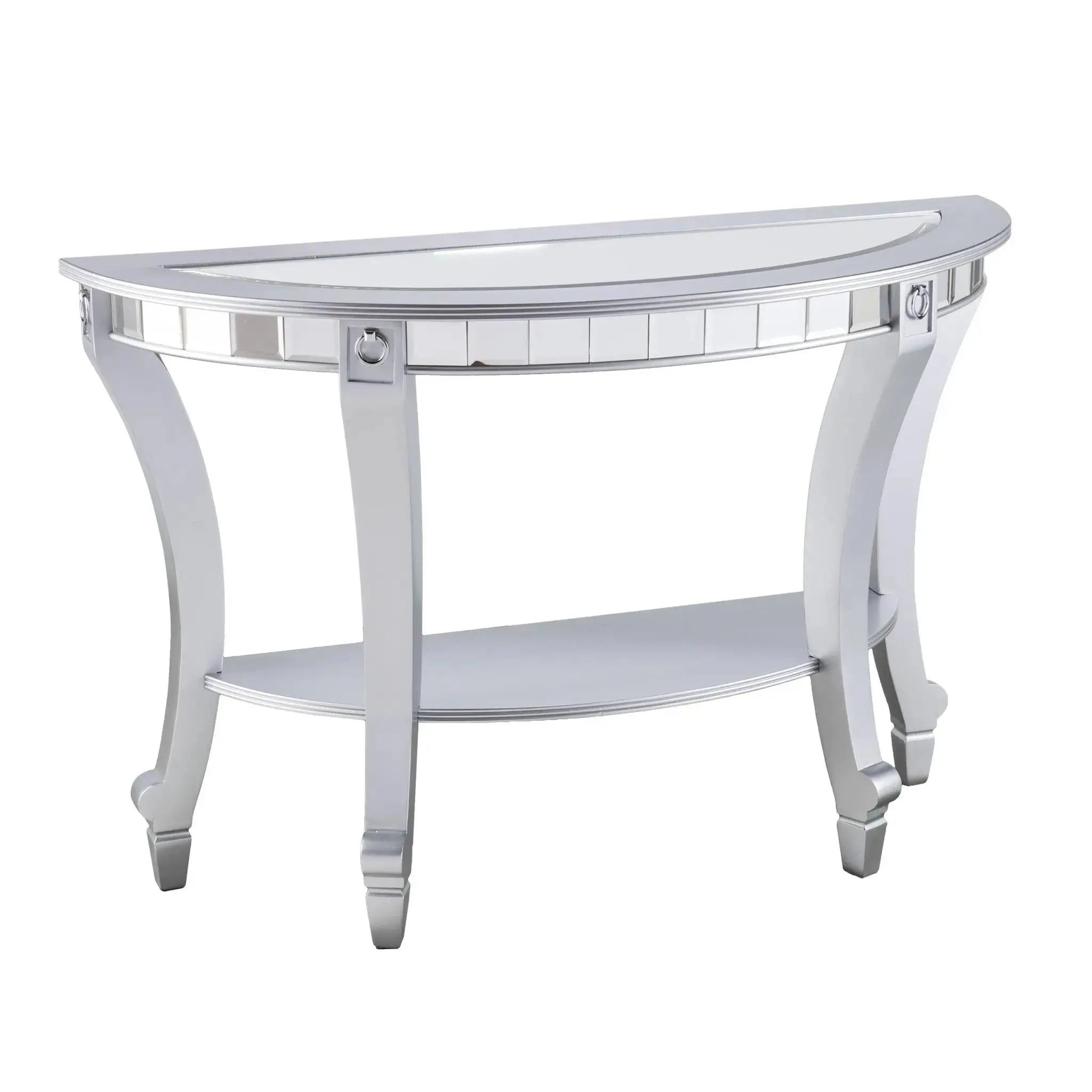 46" Silver Mirrored Glass Half Circle Console Table With Storage Homeroots Living Room