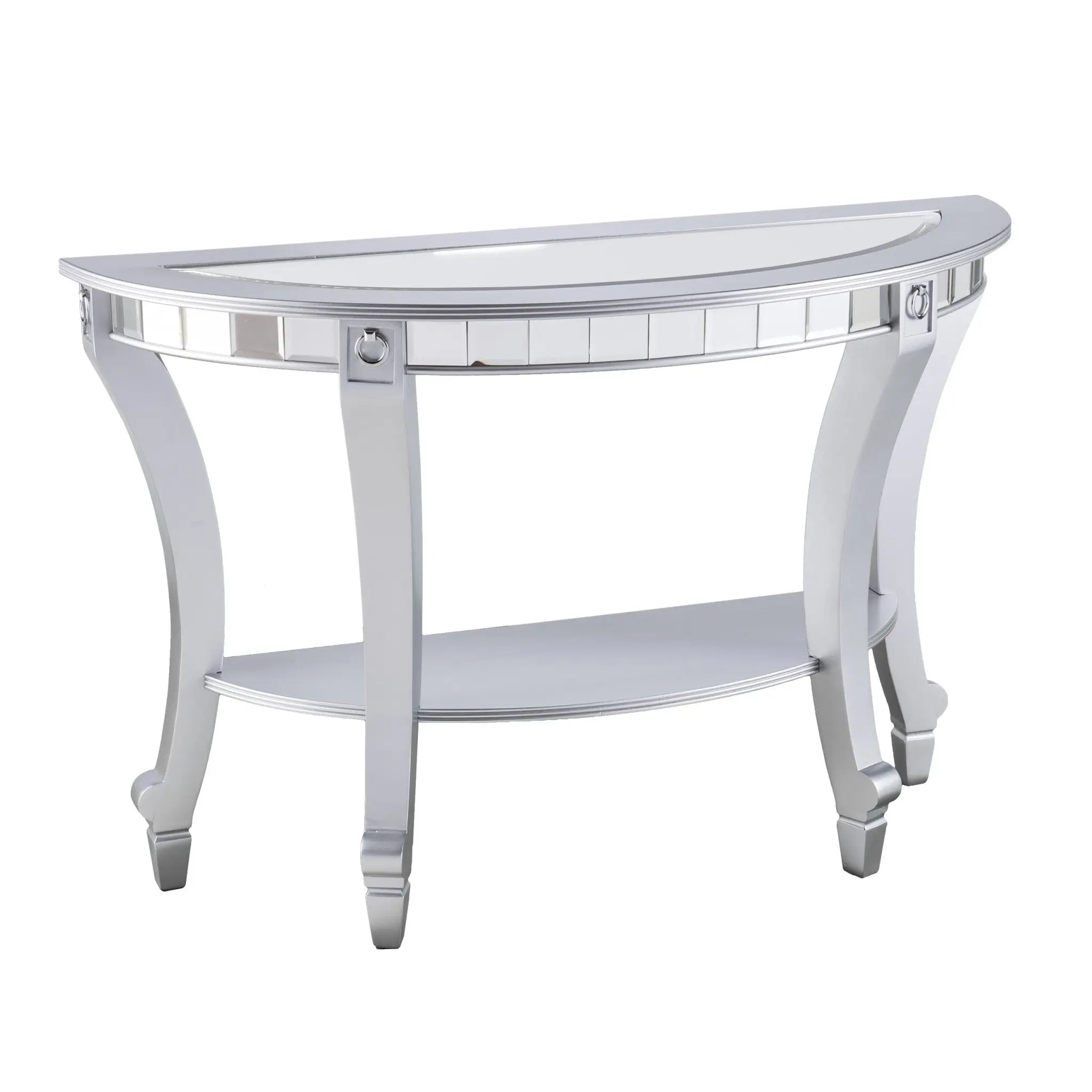 46" Silver Mirrored Glass Half Circle Console Table With Storage Homeroots Living Room
