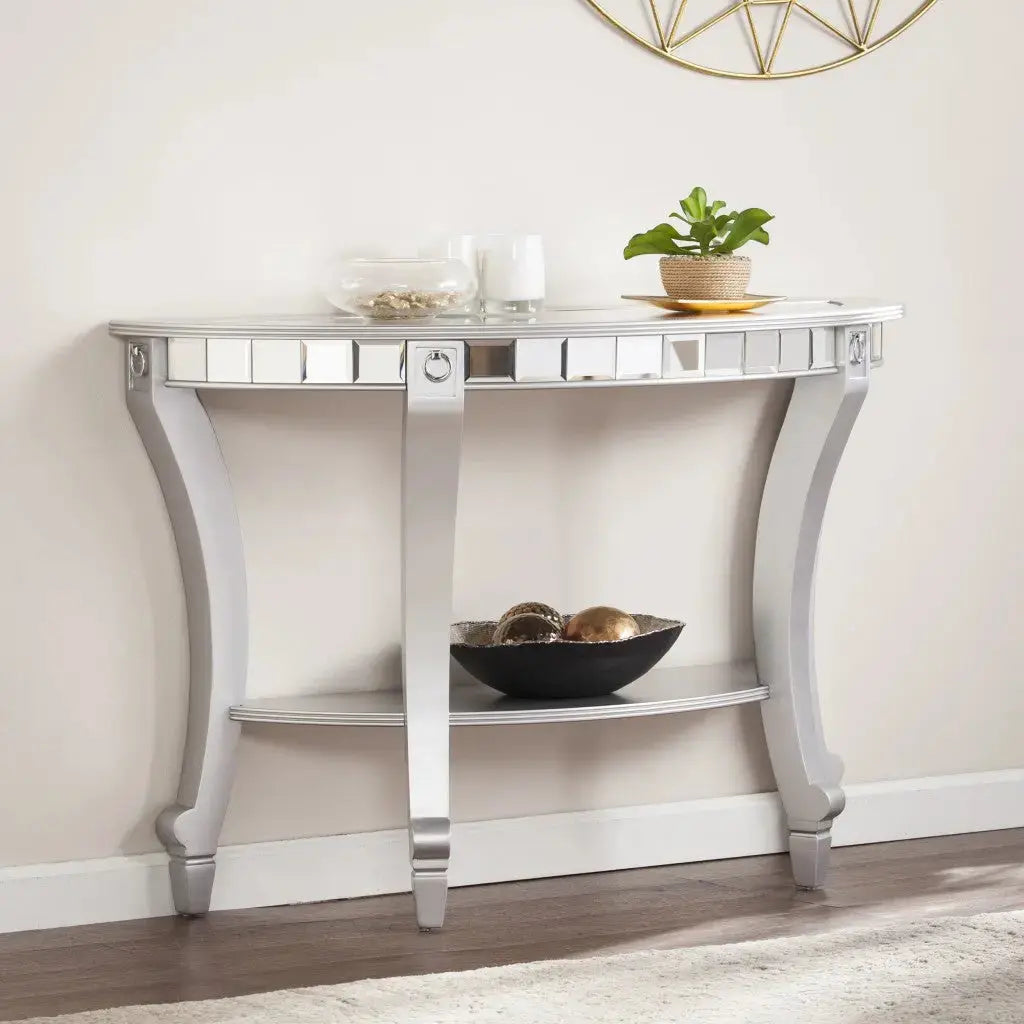 46" Silver Mirrored Glass Half Circle Console Table With Storage Homeroots Living Room