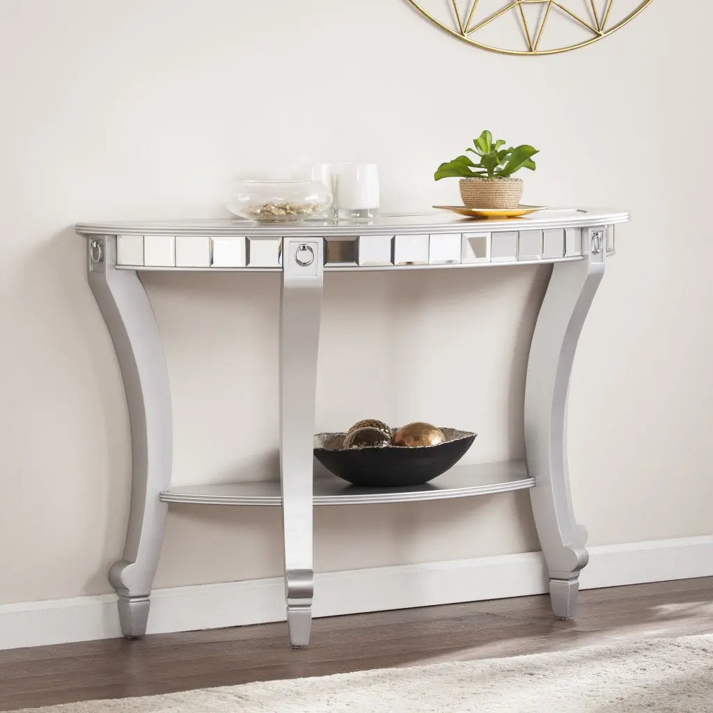 46" Silver Mirrored Glass Half Circle Console Table With Storage Homeroots Living Room