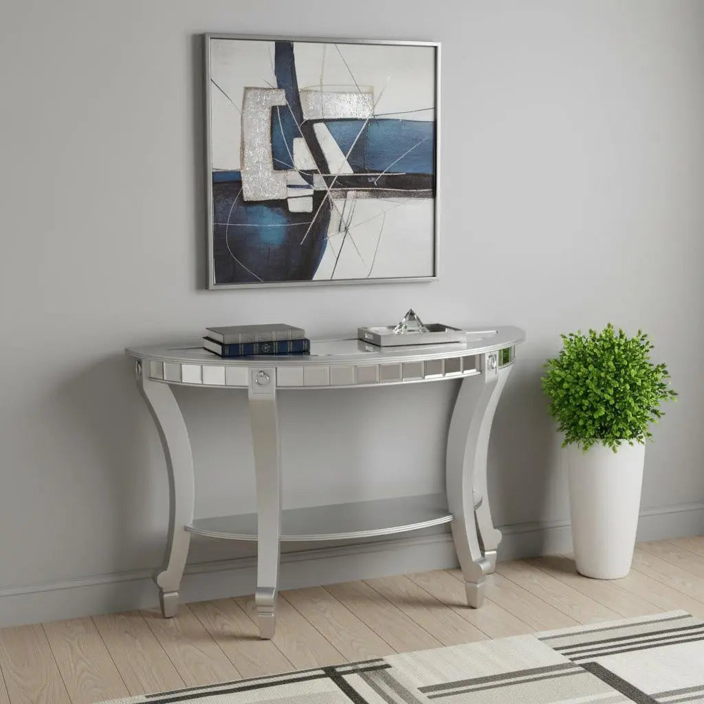 46" Silver Mirrored Glass Half Circle Console Table With Storage Homeroots Living Room