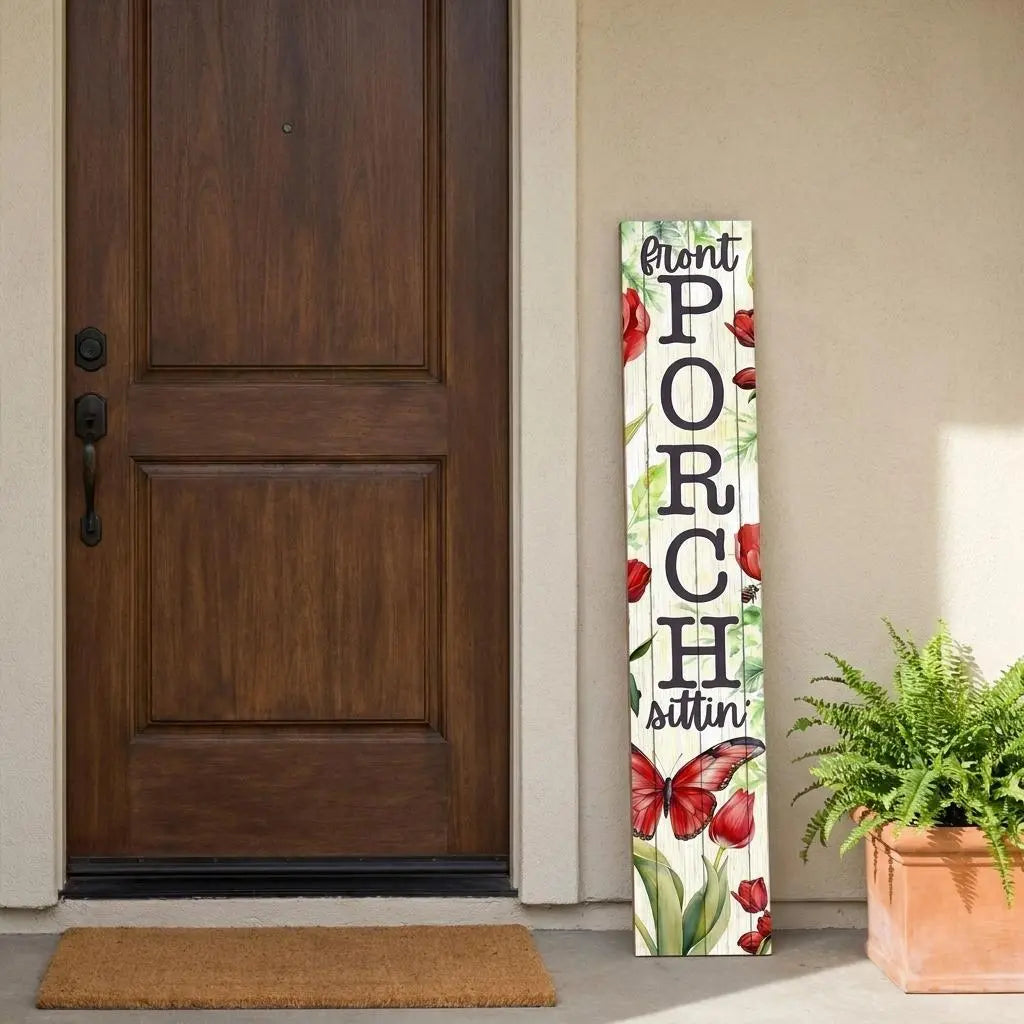 46" White Green And Red Solid Wood Front Porch Sittin' Butterfly Porch Sign Homeroots Outdoor