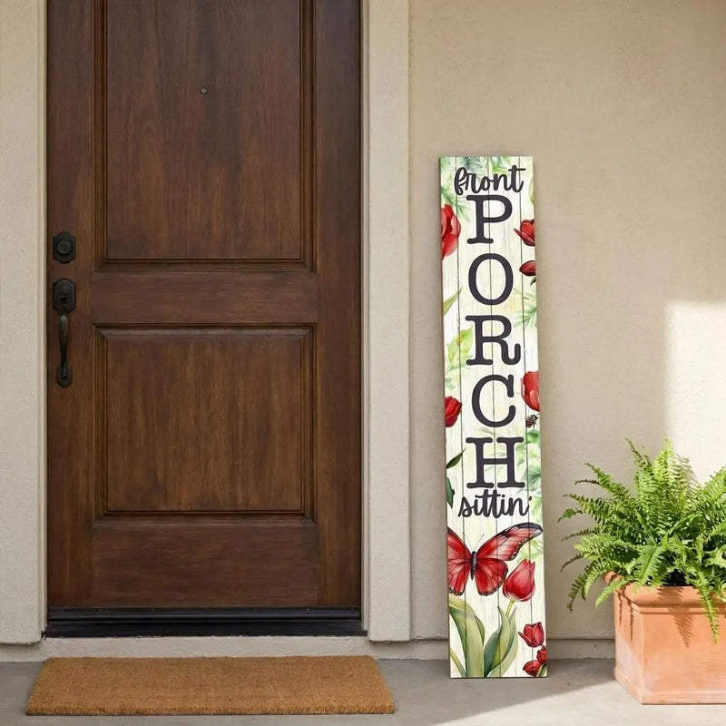 46" White Green And Red Solid Wood Front Porch Sittin' Butterfly Porch Sign Homeroots Outdoor