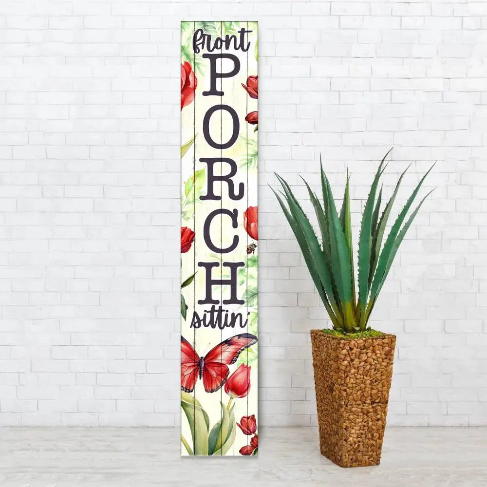 46" White Green And Red Solid Wood Front Porch Sittin' Butterfly Porch Sign Homeroots Outdoor