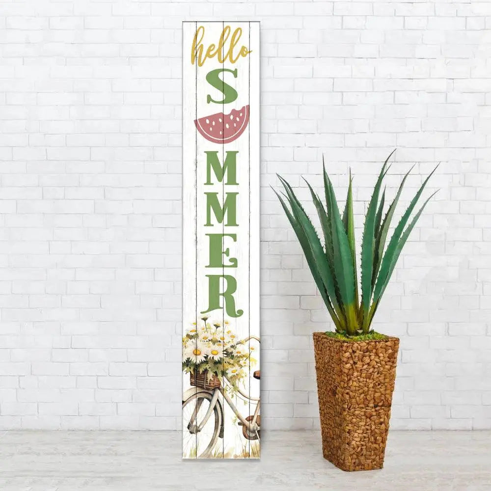 46" White Yellow And Green Solid Wood Bicycle Floral Hello Summer Porch Sign Homeroots Outdoor