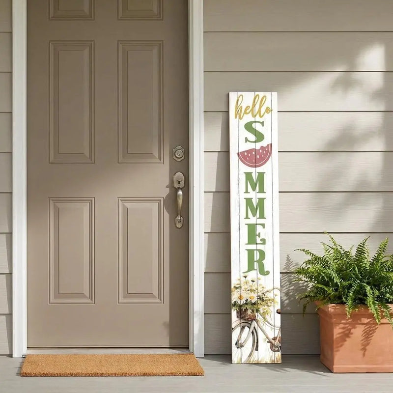 46" White Yellow And Green Solid Wood Bicycle Floral Hello Summer Porch Sign Homeroots Outdoor