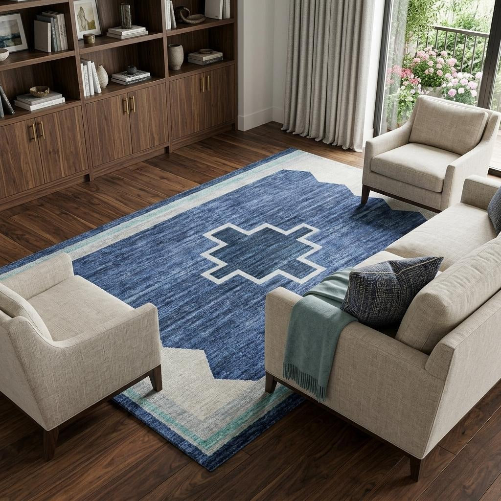 10' X 14' Blue And Denim Blue Geometric Shag Washable Area Rug With UV Protection - Home & Garden