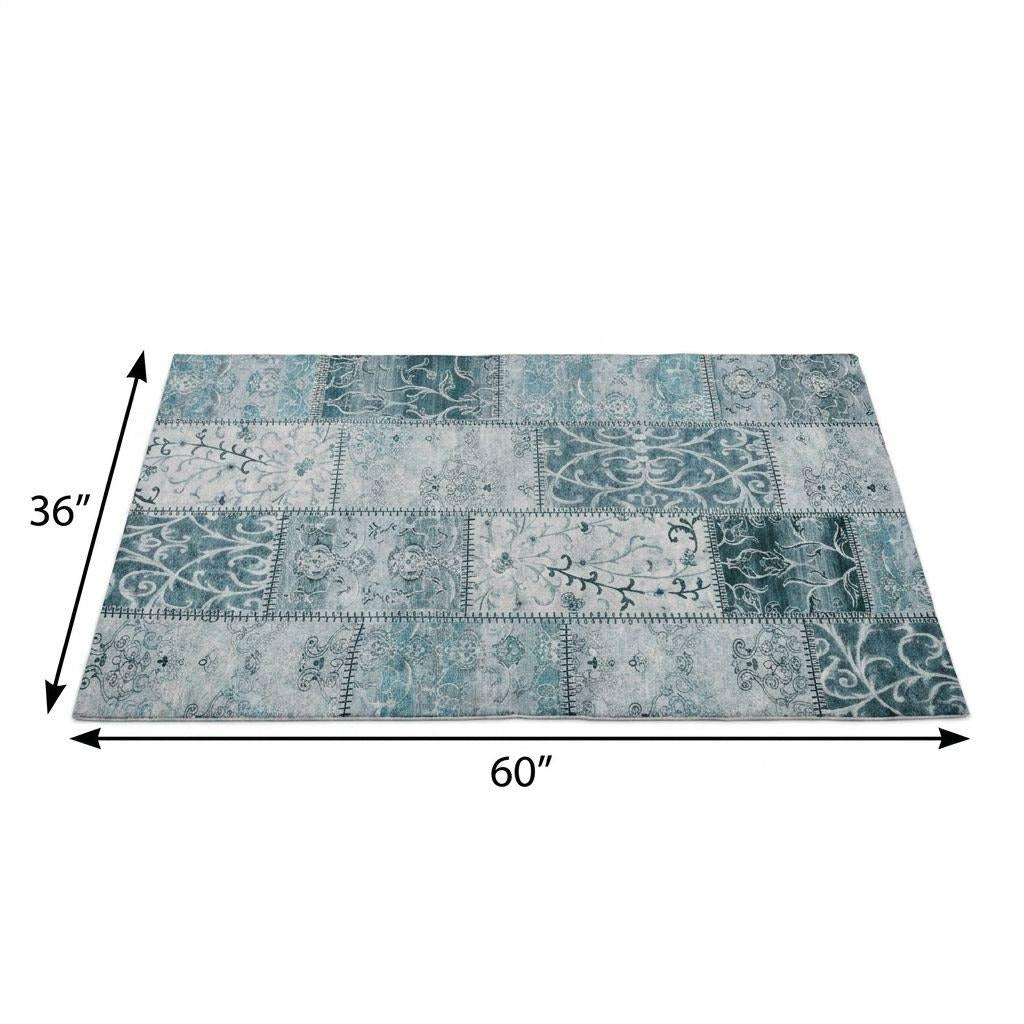 3' X 5' Teal And Ivory Floral Shag Washable Area Rug With UV Protection - Home & Garden
