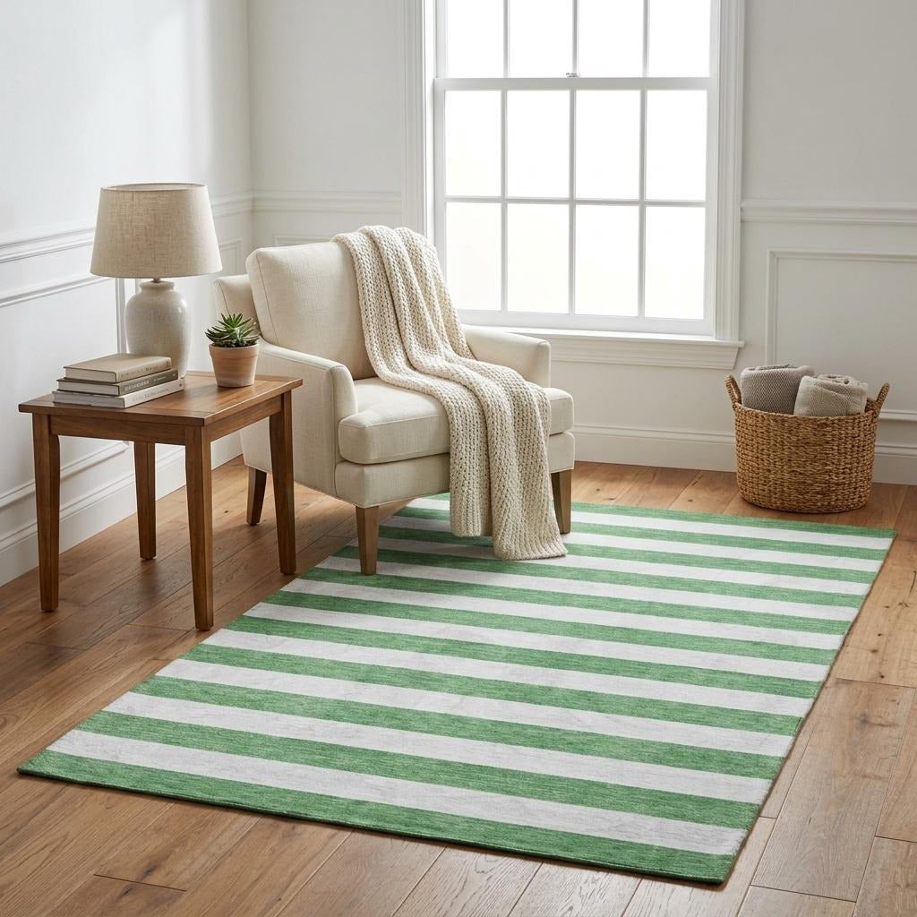 5' X 8' Green And Ivory Striped Shag Washable Area Rug With UV Protection - Home & Garden