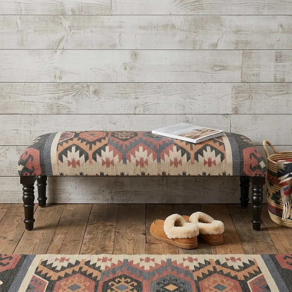 47" Beige Brown and Rust and Black Jute and Wool Blend Upholstered Southwest Distressed Bench Homeroots Living Room