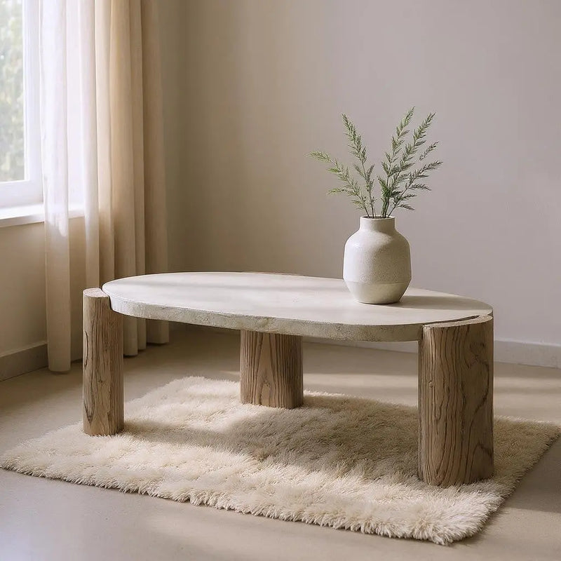 47" Beige and Oak Distressed Cement Oval Coffee Table Homeroots Living Room