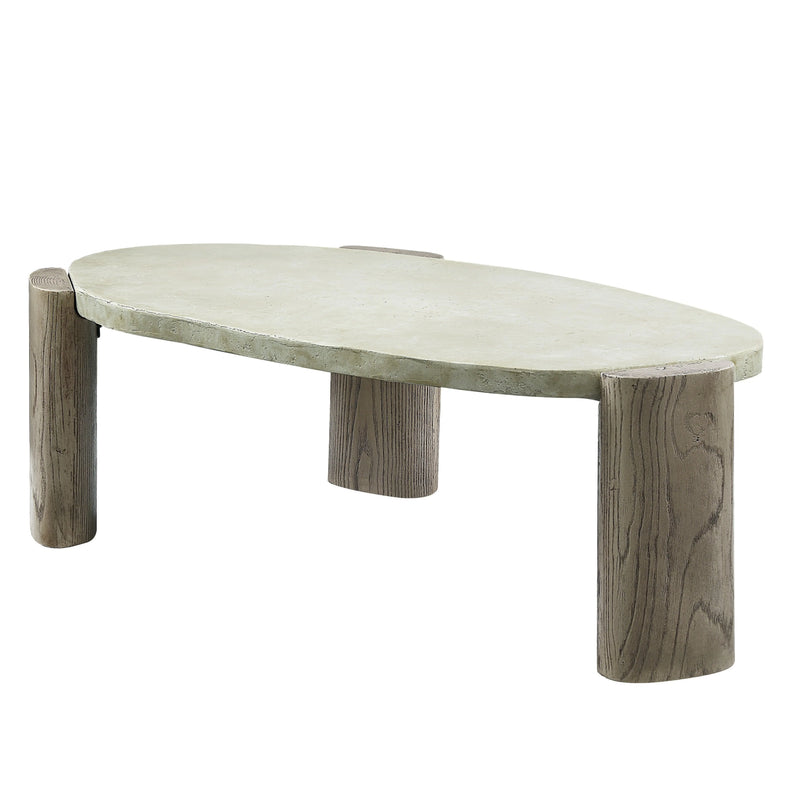 47" Beige and Oak Distressed Cement Oval Coffee Table Homeroots Living Room