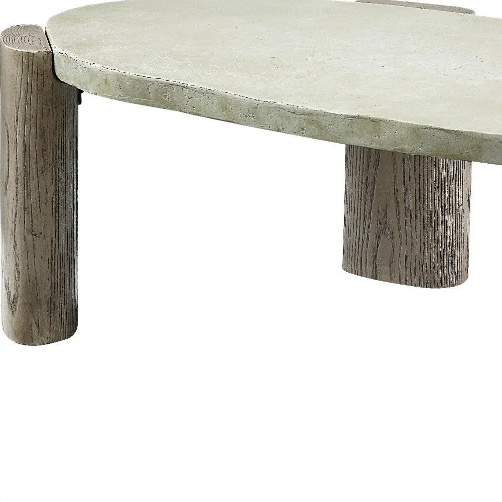 47" Beige and Oak Distressed Cement Oval Coffee Table Homeroots Living Room