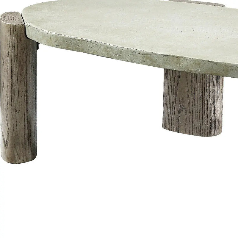 47" Beige and Oak Distressed Cement Oval Coffee Table Homeroots Living Room