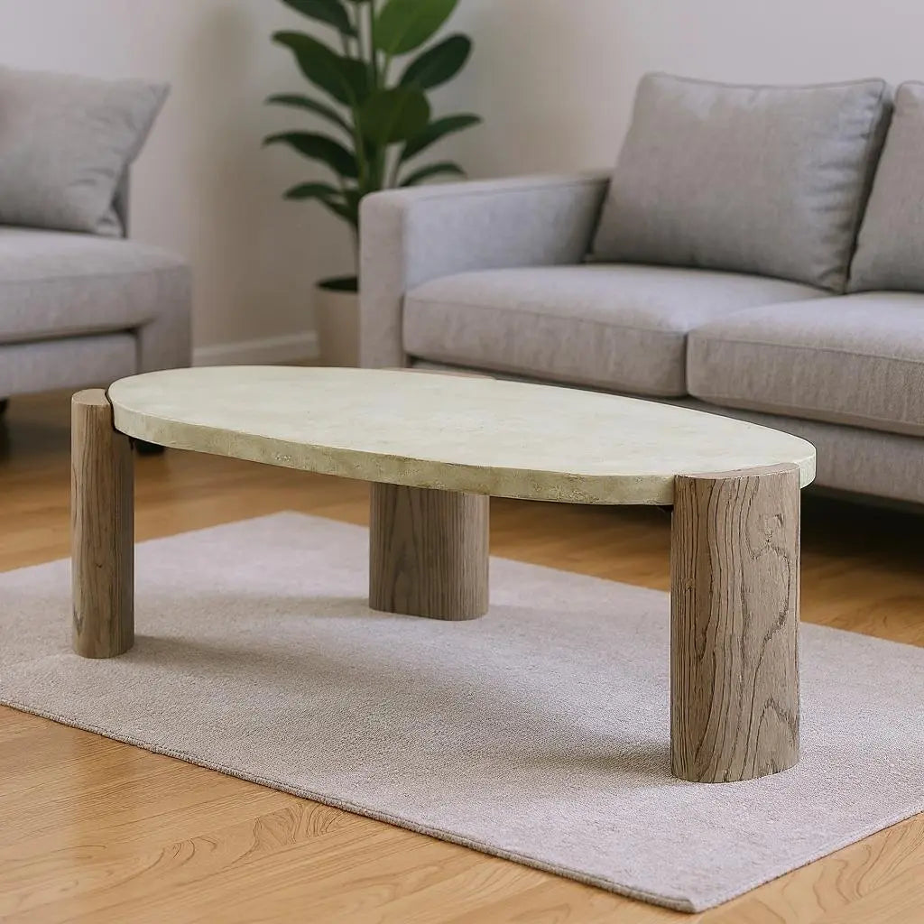 47" Beige and Oak Distressed Cement Oval Coffee Table Homeroots Living Room