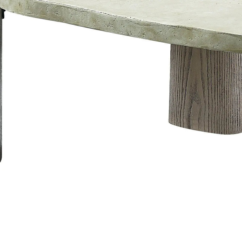 47" Beige and Oak Distressed Cement Oval Coffee Table Homeroots Living Room
