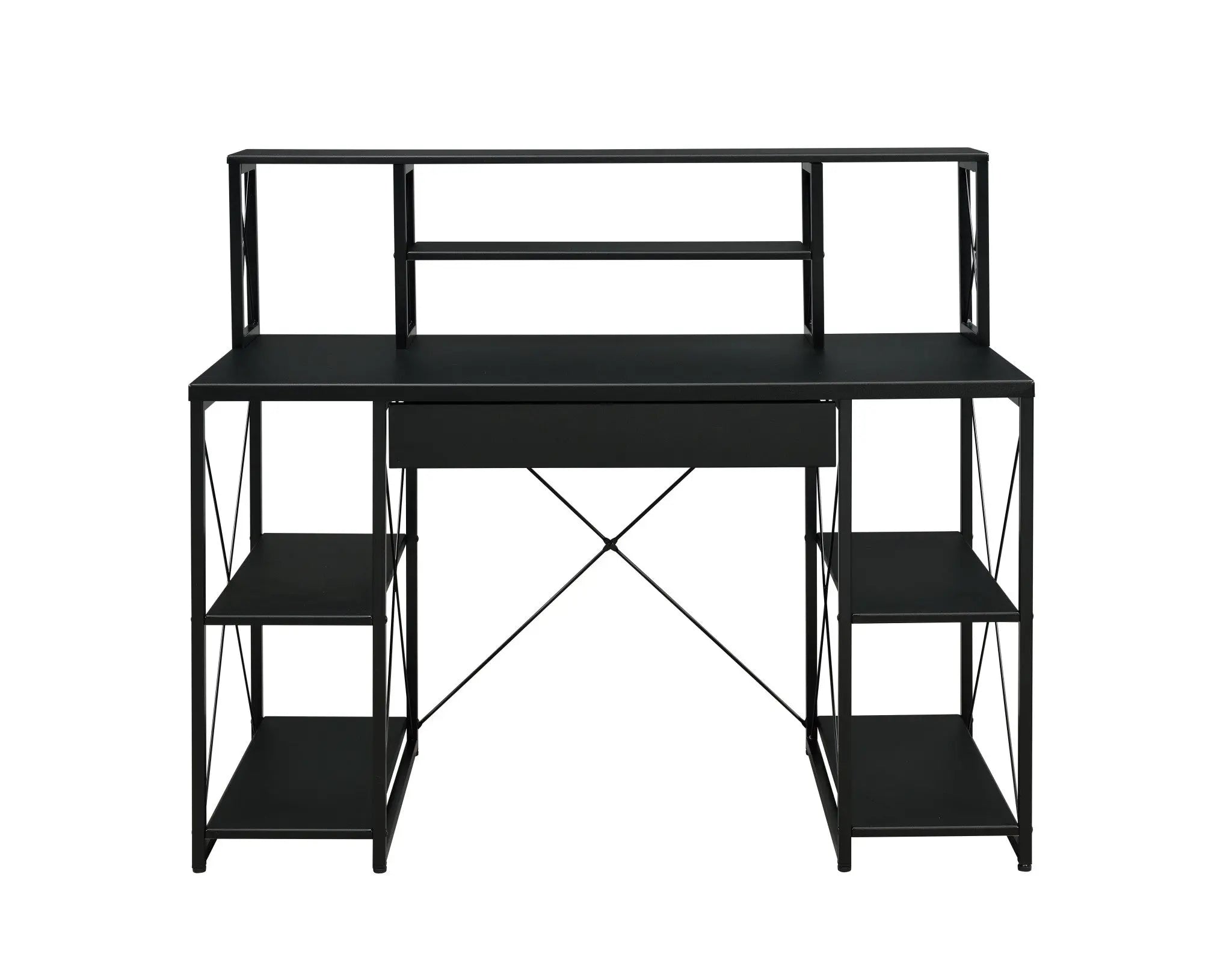 Stylish black metal desk with shelves, modern design, and a minimalist drawer for home or office use.