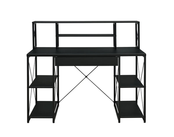Stylish black metal desk with shelves, modern design, and a minimalist drawer for home or office use.