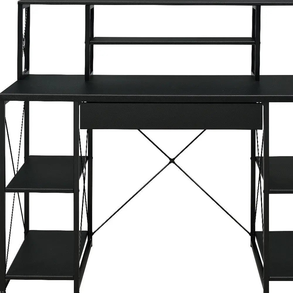 Modern black metal desk with open shelves and geometric design, perfect for home or office use.