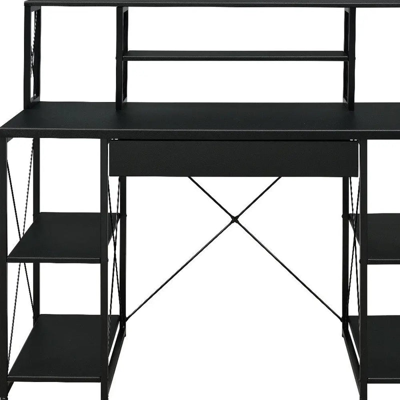 Modern black metal desk with open shelves and geometric design, perfect for home or office use.