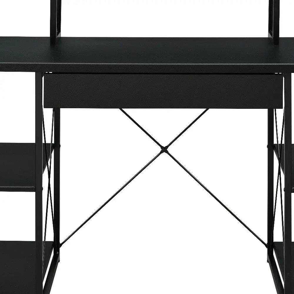 Black metal desk with a sleek design, featuring a central drawer and open shelving for modern workspace efficiency.