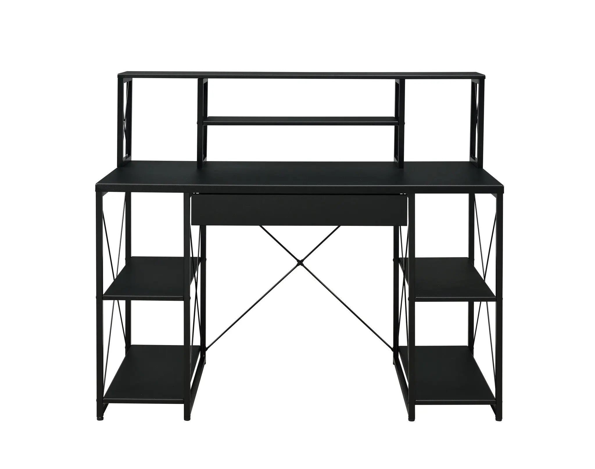 Black metal desk with shelves, industrial style, featuring a drawer and an open back for modern home offices.