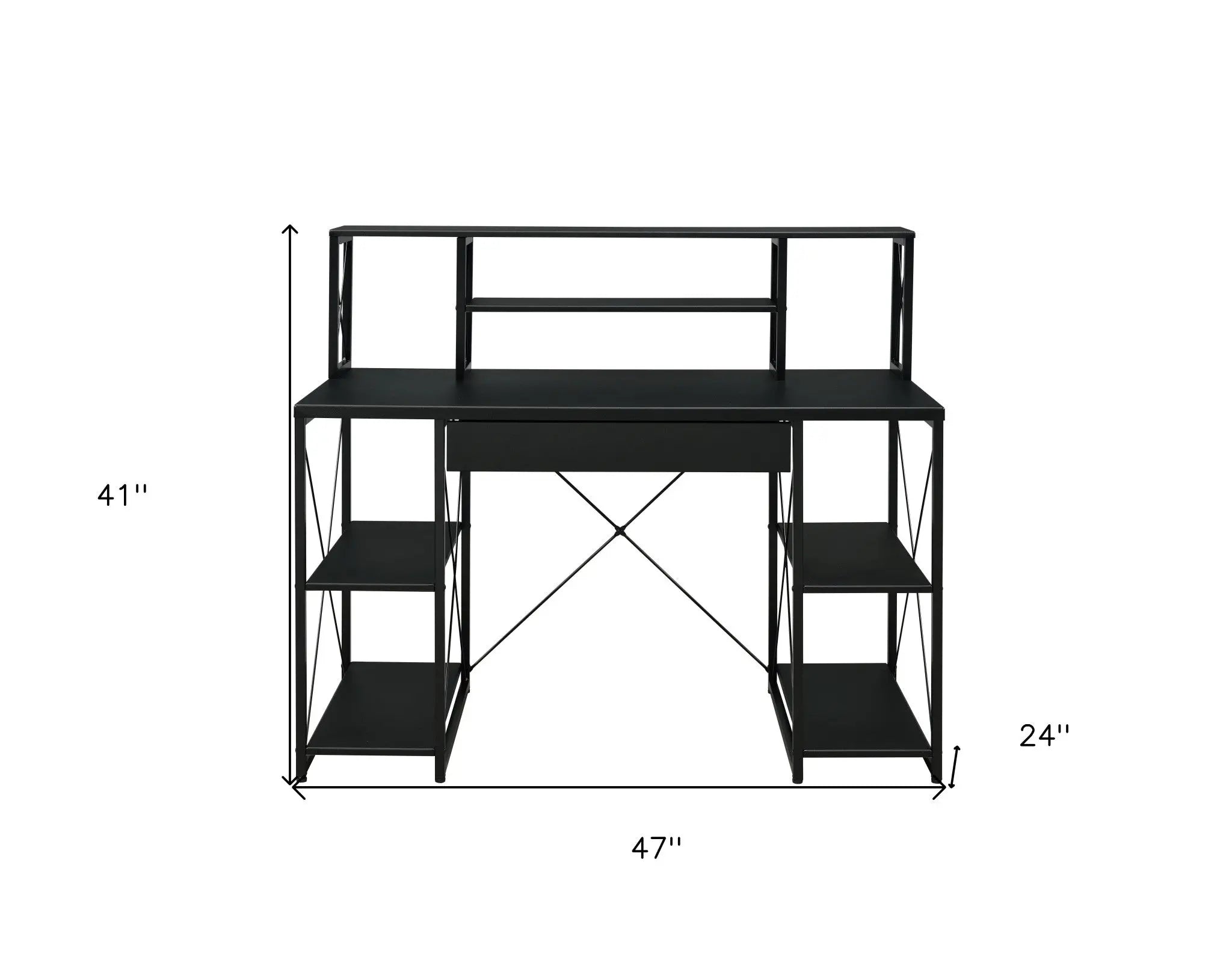 Black industrial-style desk with open shelving and a drawer, measuring 47"x24"x41", perfect for modern home offices.