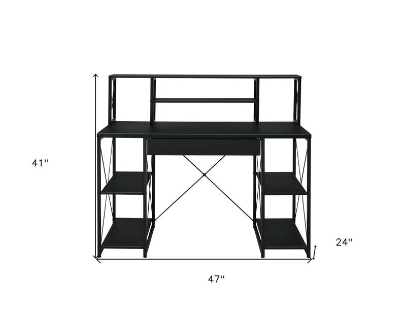 Black industrial-style desk with open shelving and a drawer, measuring 47"x24"x41", perfect for modern home offices.