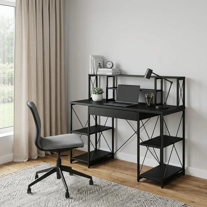 Modern black metal desk with shelves, featuring a sleek design and gray ergonomic chair, perfect for home office.