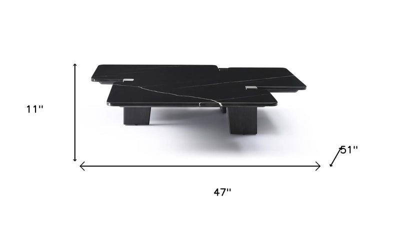 47" Black Genuine Marble and Solid Wood Free Form Coffee Table - GreatEagleInc