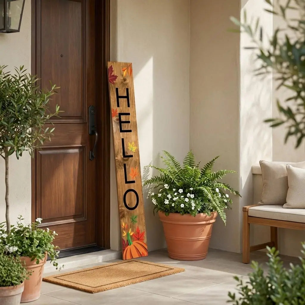 47" Black Natural And Orange Solid Wood Hello Porch Sign Homeroots Outdoor
