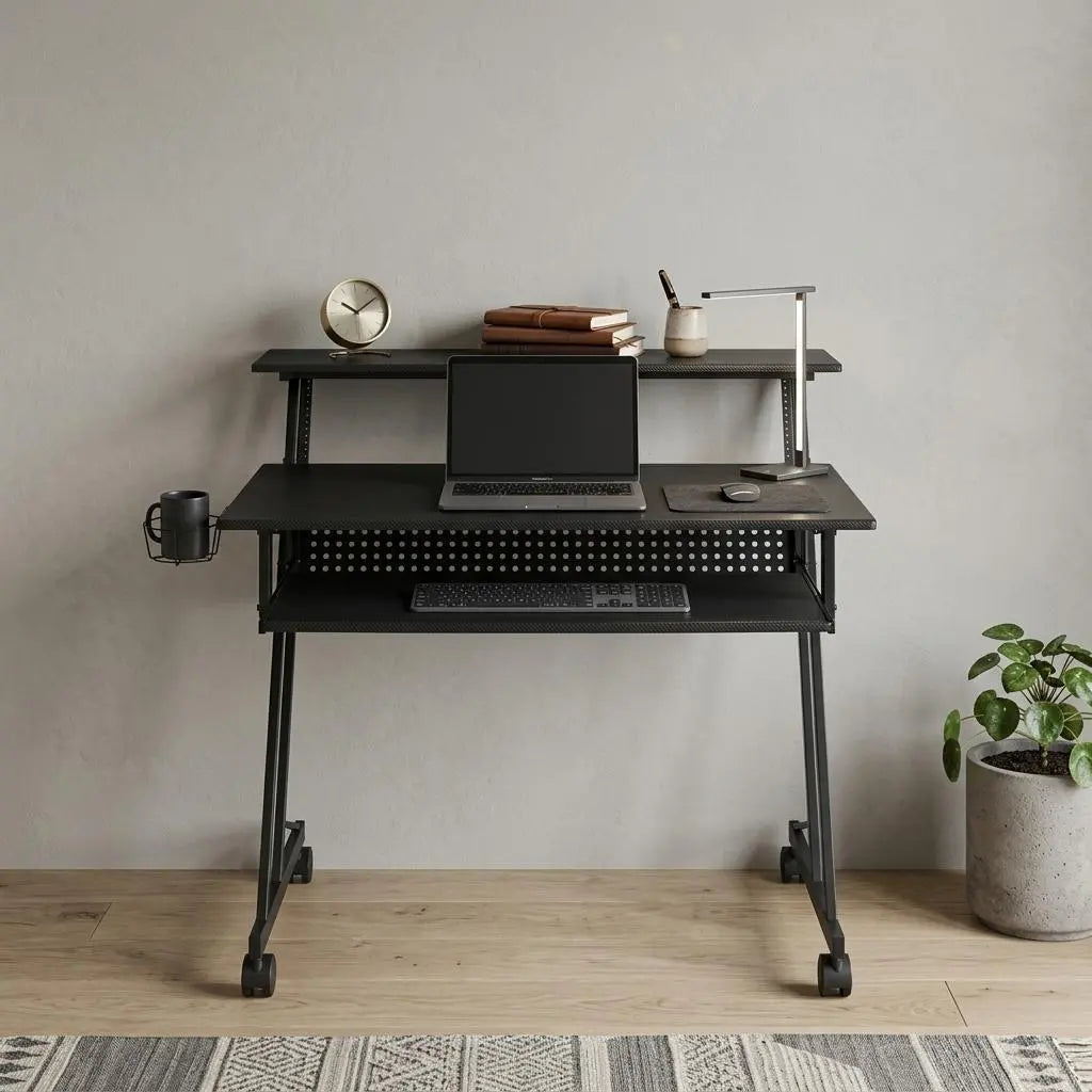47" Black Wood and Metal Rolling Computer Desk Homeroots Office