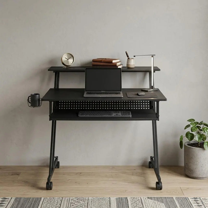 47" Black Wood and Metal Rolling Computer Desk Homeroots Office