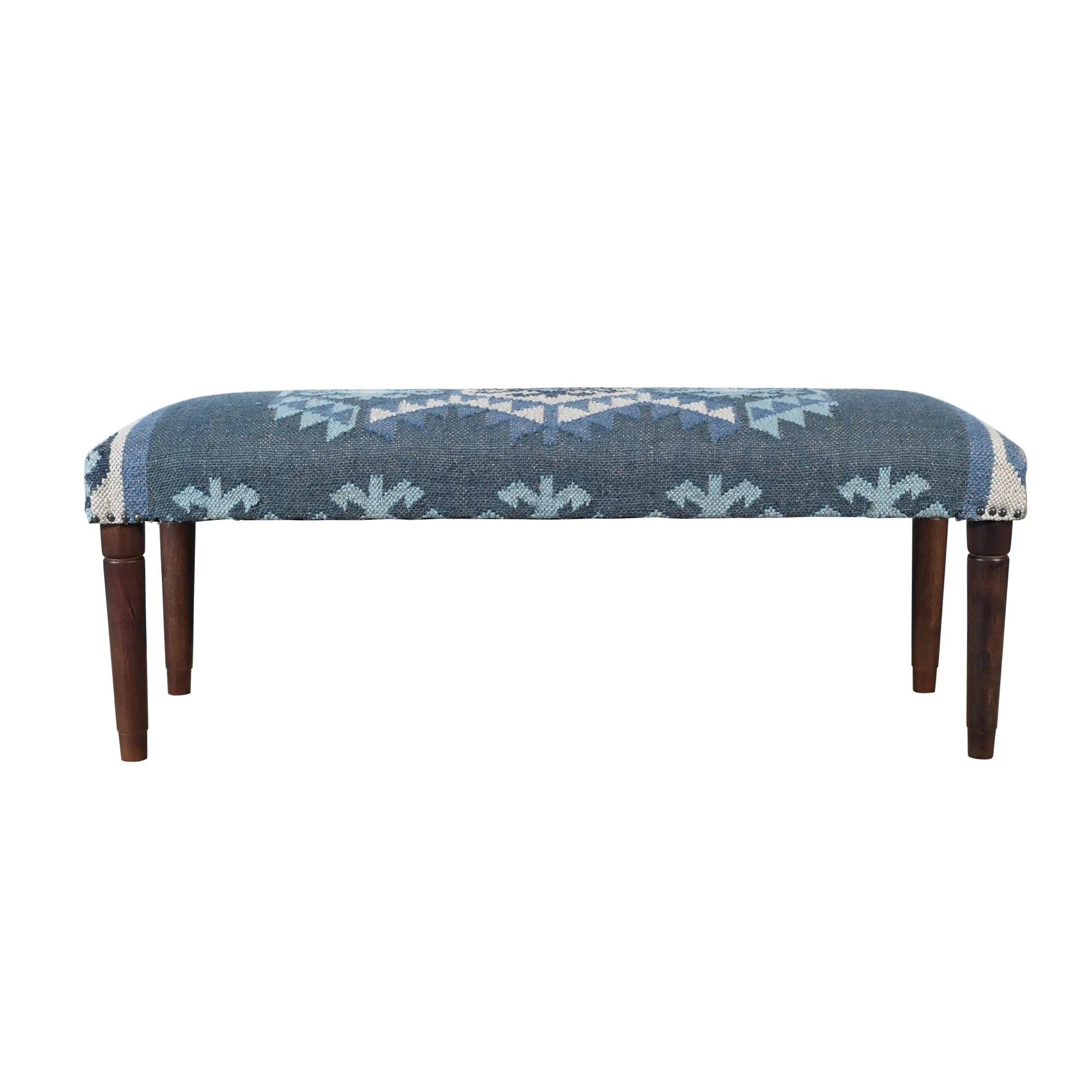 47" Blue and Brown Geometric Jute and Solid Wood Upholstered Bench Homeroots Living Room