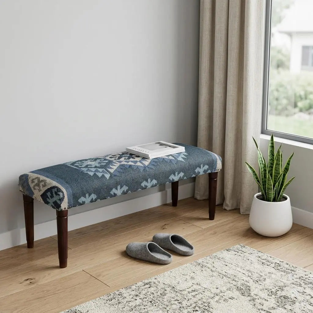 47" Blue and Brown Geometric Jute and Solid Wood Upholstered Bench Homeroots Living Room