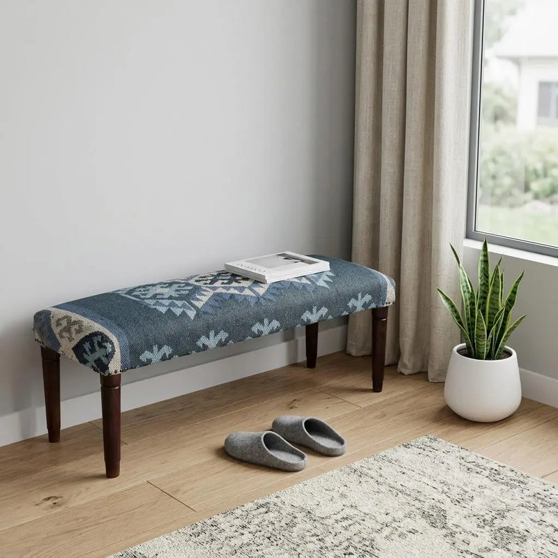 47" Blue and Brown Geometric Jute and Solid Wood Upholstered Bench Homeroots Living Room